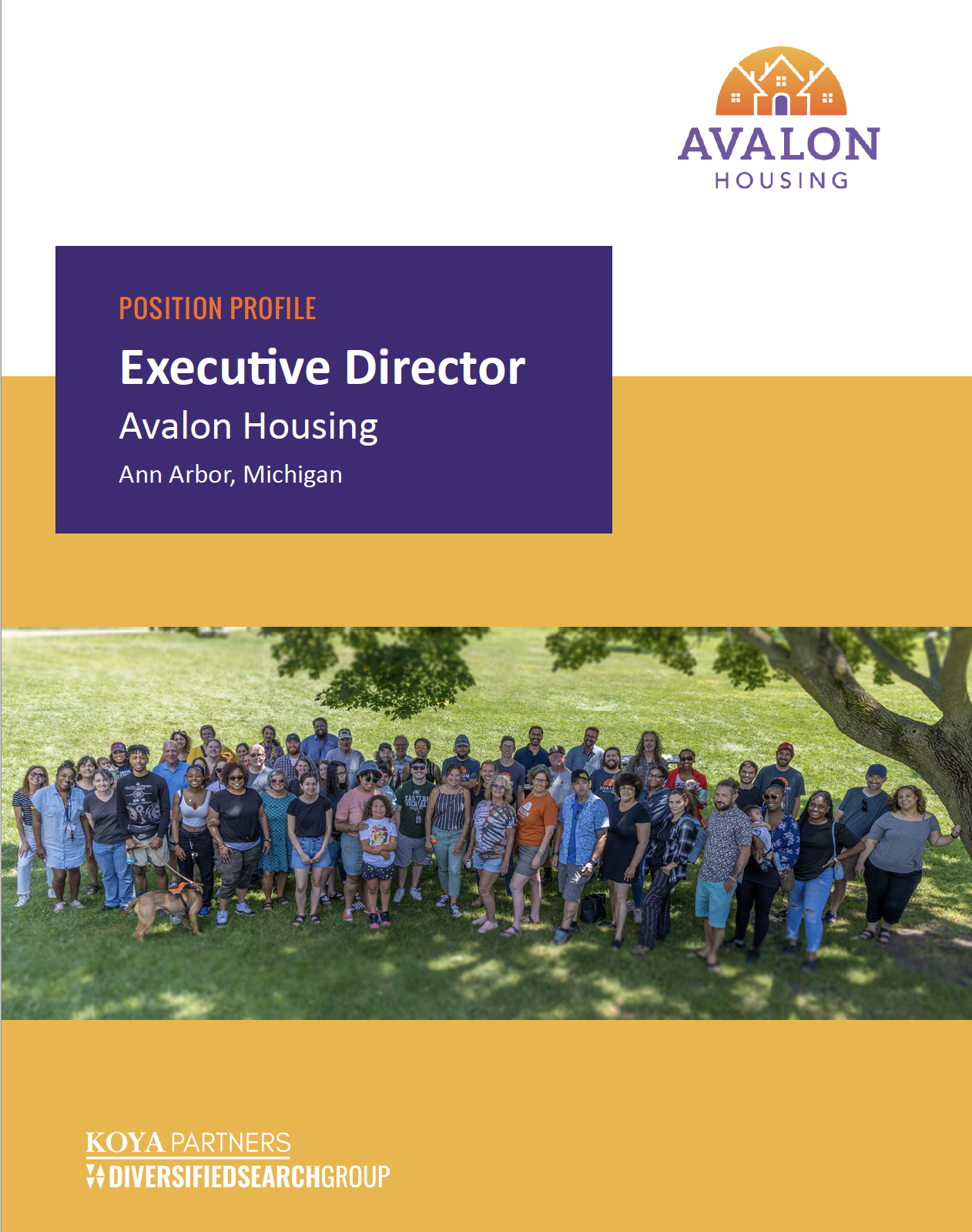 Cover image from Executive Position Profile, with a photo of a large group of Avalon staff underneath a tree.